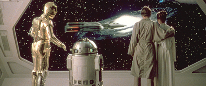 C-3PO, R2-D2, Luke Skywalker und Prinzessin Leia