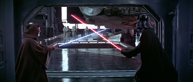 Obi-Wan Kenobi und Darth Vader beim Lichtschwertduell Obi-Wan Kenobi und Darth Vader beim Lichtschwertduell