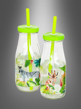 Glas Trinkflasche mit Strohhalm Tiere 250ml 