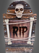 Halloween Deko Grabstein mit Totenkopf "RIP" in Holzoptik 