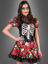 Tag der Toten Kleid mit Maske Día de Muertos Kostüm Damen Strümpfe Overknees NEU 