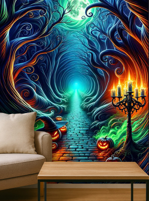 Gruseliger Waldweg UV Wandbild 100x185cm Halloween waschbar 