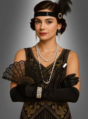 20er Jahre Accessoire Set schwarz mit Fächer 9-tlg. 