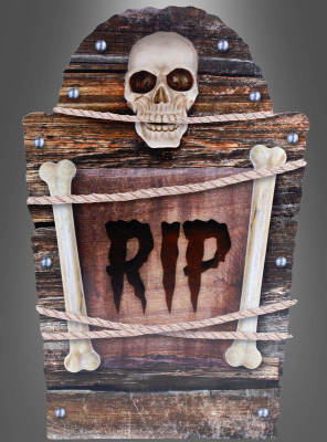 Halloween Deko Grabstein mit Totenkopf "RIP" in Holzoptik 
