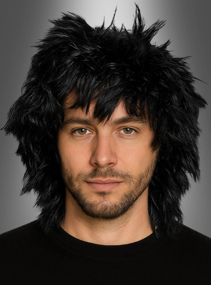 Schwarze Rocker 80er Perücke halblang 