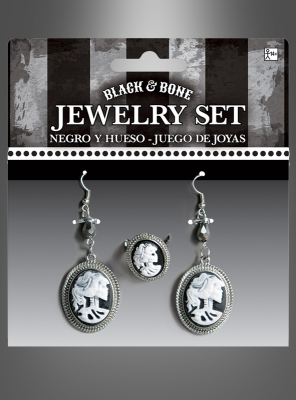 Cameo Ohrringe und Ring Set Skelettdame 