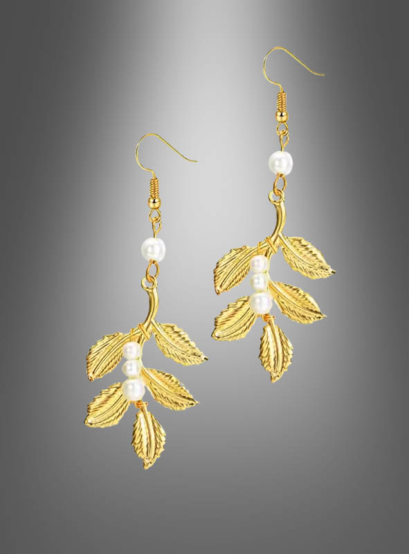 Ohrringe Lorbeerblatt mit Perlen gelb-gold