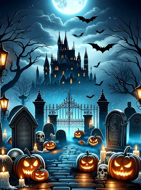 Halloween Castle and Graveyard 120x185cm Wall Deco