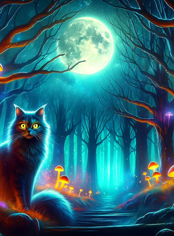 Fantasy Wald mit Katze 150x240cm Fotohintergrund waschbar