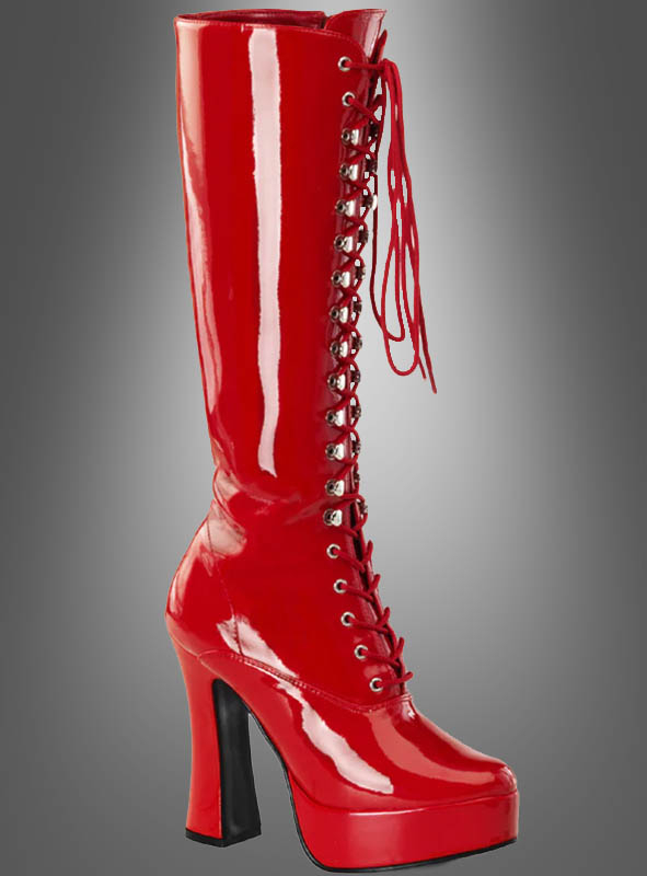 Patent platform lace-up boots red