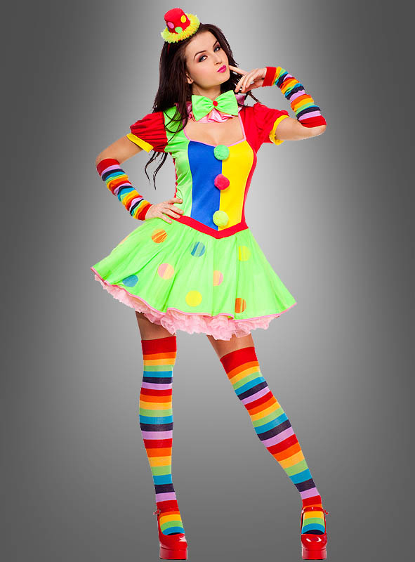 Clown Kostüm Damen Harlekin Pierrot Kleid Narren bunt Hut Fliege Fasching KK 
