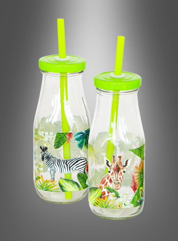 Glass Milk Bottle wild Animals with Straw 250ml
