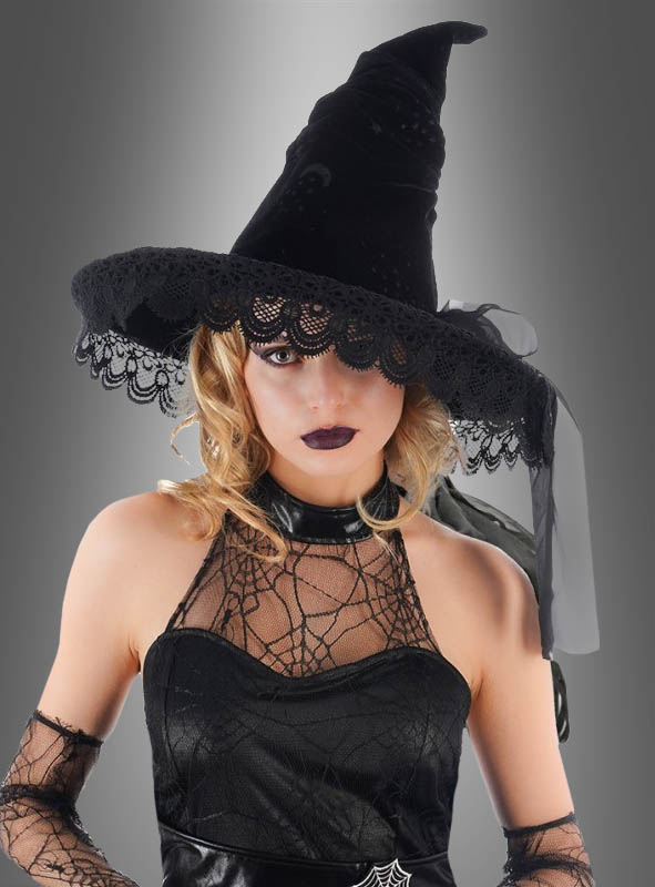 Black Velvet Witch Hat with Lace