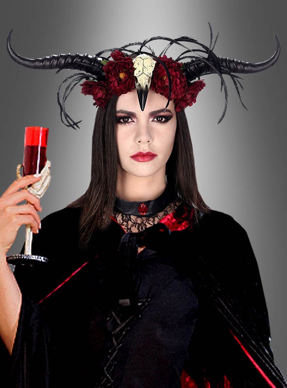Gothic Headband Horns with Raven Bird Skull