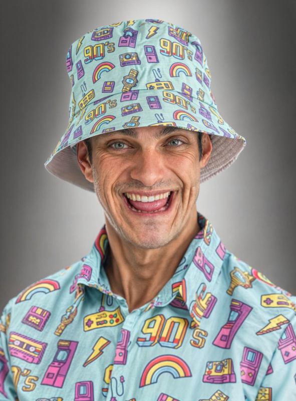 90s motif bucket hat blue