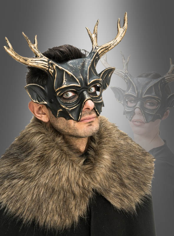Edle Maske 30cm mit Hörner schwarz-gold