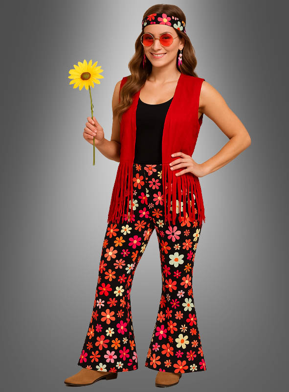 Hippie Kostüm Set Flowers rot mit Accessoires