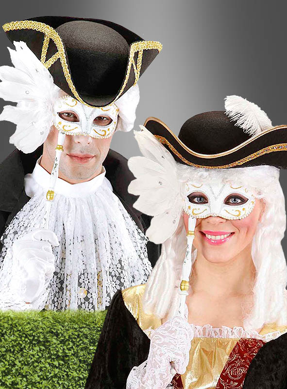 Venetian Hand-Held Mask White with Feathers