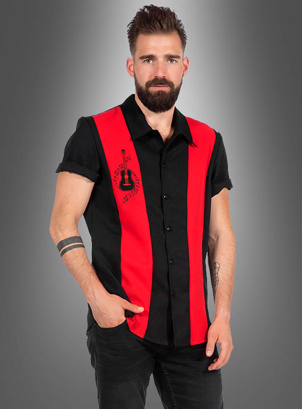 Premium Kostüm Hemd Rockabilly Bowlinghemd rot schwarz Karneval Verkleidung 