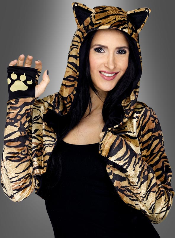 2 tlg Tiger Kostüm Damen Kleid Hänger Kapuze Stulpen 36-48  Tiger Augenmaske