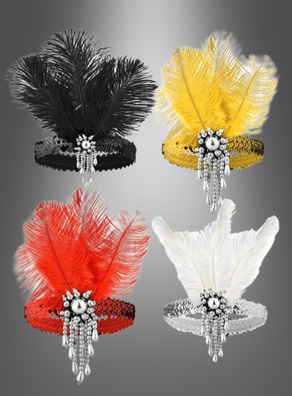 Flapper Pailletten Stirnband mit Feder silber NEU Karneval Fasching Hut Mütze 