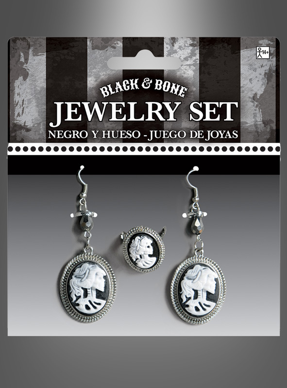 Cameo Ohrringe und Ring Set Skelettdame