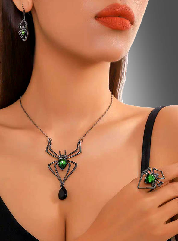 Spider Jewelry Set with green Gem silver 