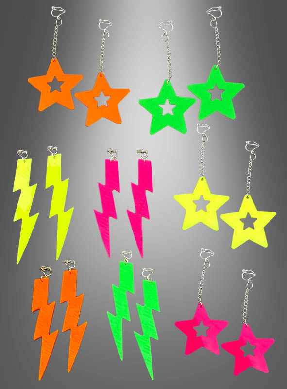80er Clip Ohrringe Neon Blitz oder Sterne 