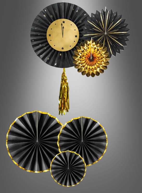 3 Papier-Rosetten schwarz-gold 23-43cm 