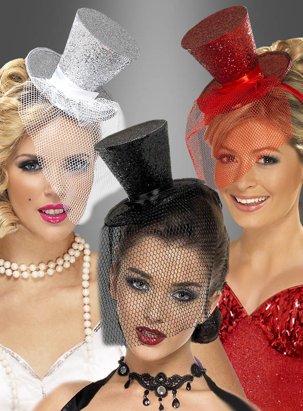 Mini Zylinder mit Glitter schwarz, silber oder rot 