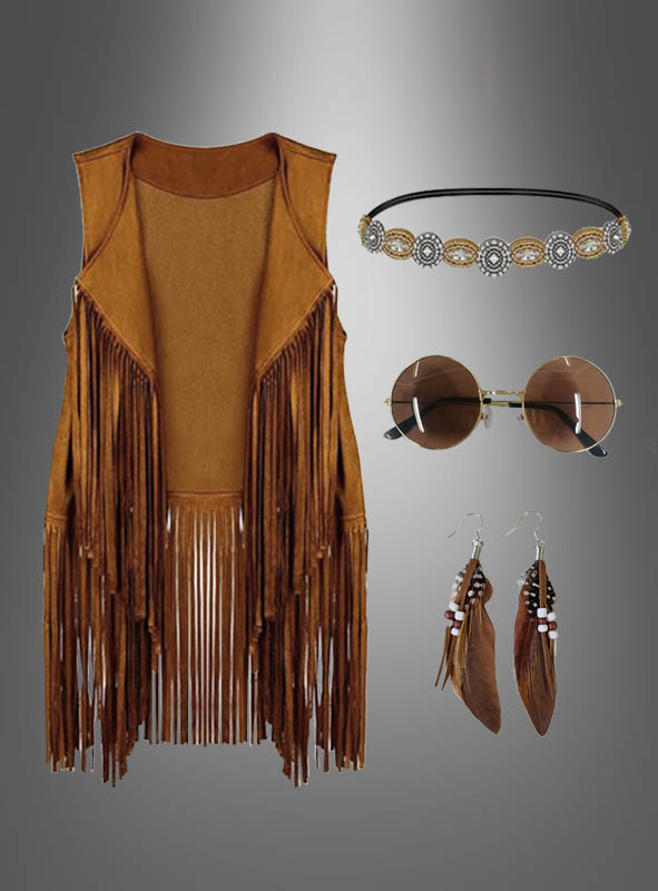 Hippie Fransenweste mit Zubehör Damen  Hippie Fransenweste mit Zubehör Damen
