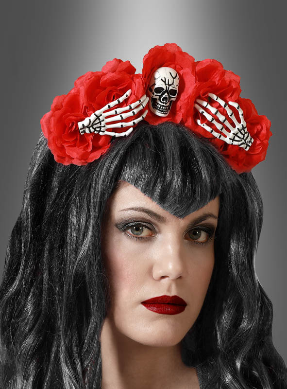 Halloween Haarreif mit Blumen und Skelett 