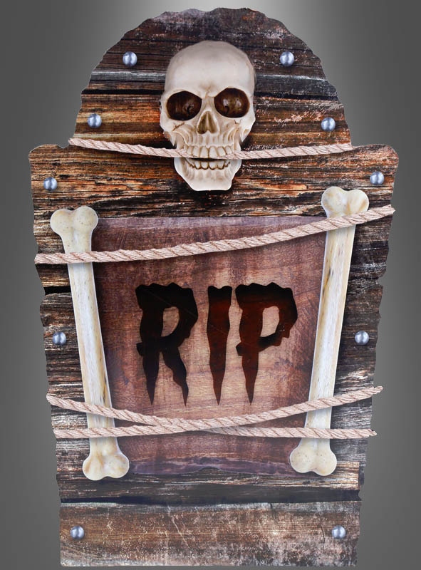 Halloween Deko Grabstein mit Totenkopf "RIP" in Holzoptik 