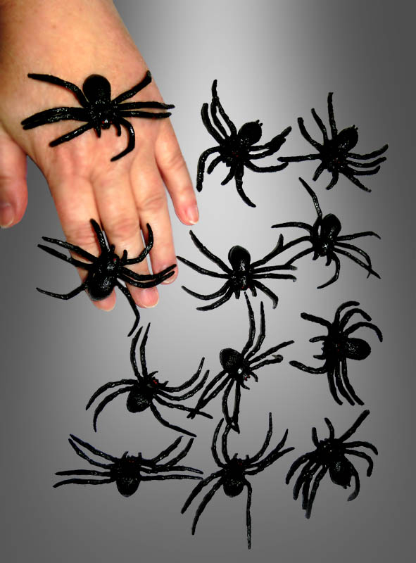 Schwarze Spinnen aus Gummi 12er Pack 6cm 