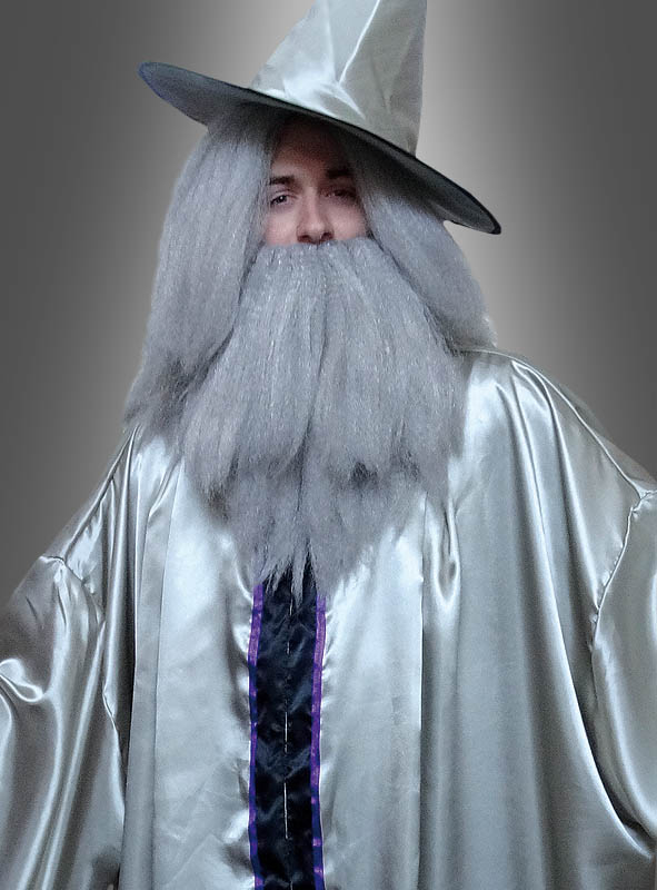 Silberner Zauberer Kostüm mit Bart und Perücke 