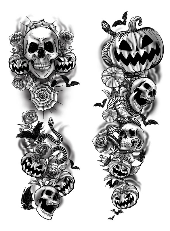 Tattoo Strumpfhose Totenkopf und Kürbisse 