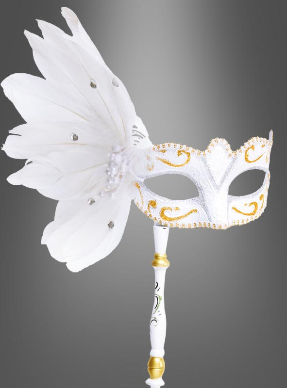 Venezianische Stabmaske weiß mit Federn 