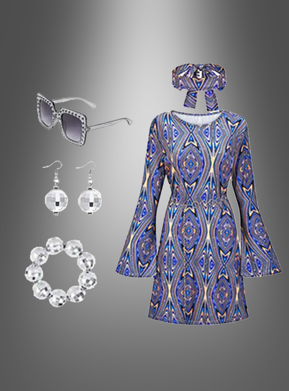 70er Disco Pailletten Kleid Set blau 6-teilig 