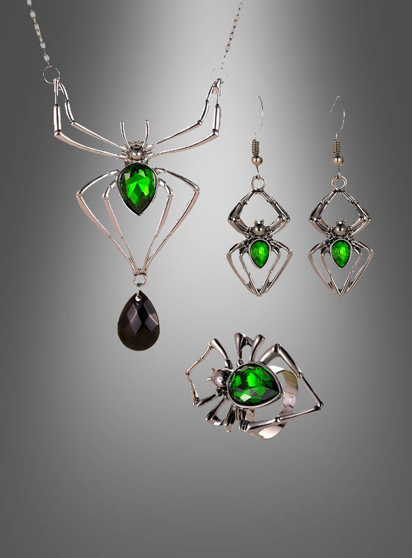 Spider Jewelry Set with green Gem silver 