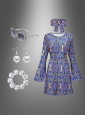 70er Disco Pailletten Kleid Set blau 6-teilig 