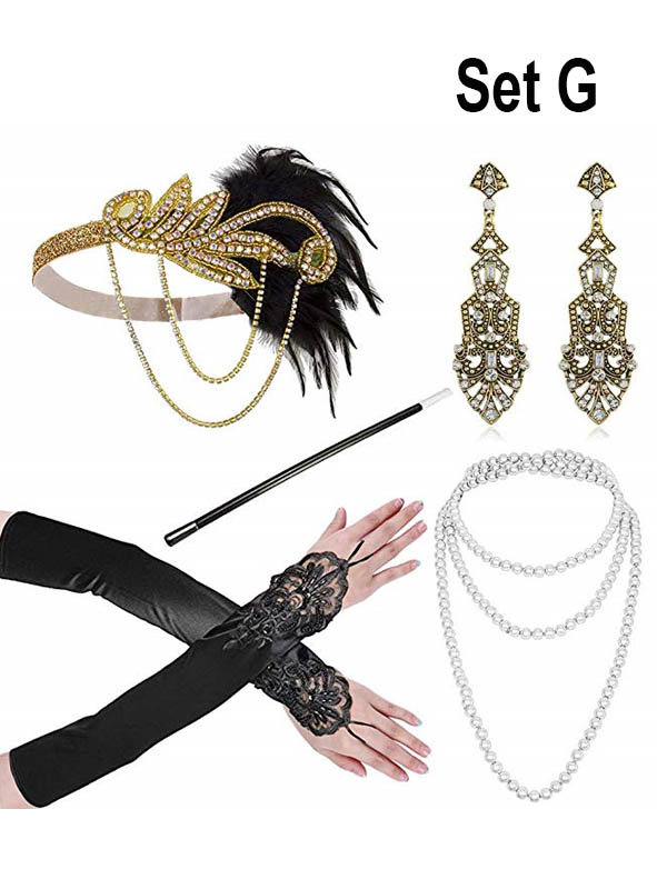 20er Charleston Accessoire Set mit Schmuck gold 