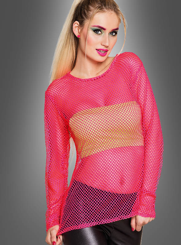 80er Jahre Netz-Shirt Damen Kurzarm-Shirt Fishnet Pink Fischnetz Shirt Kostüm 